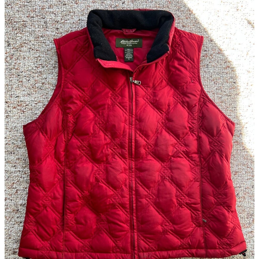 Eddie Bauer Womens XL Quilted Goose Down Vest Red Fleece Collar Full Zip Puffer